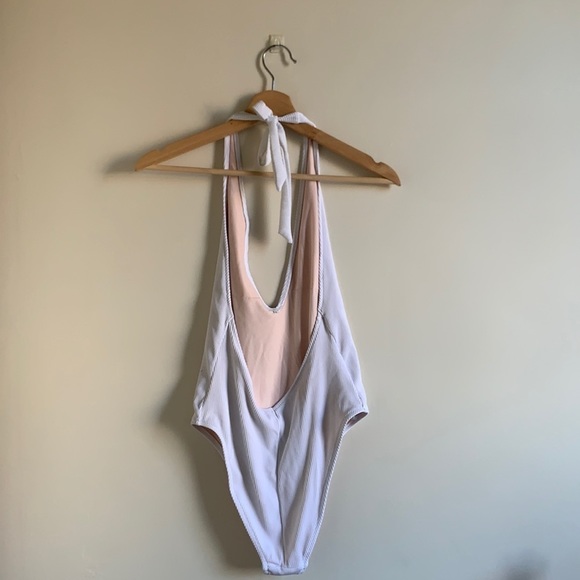 Aerie White Ribbed V Neck Deep Plunge Low Back Swimsuit - Picture 5 of 9